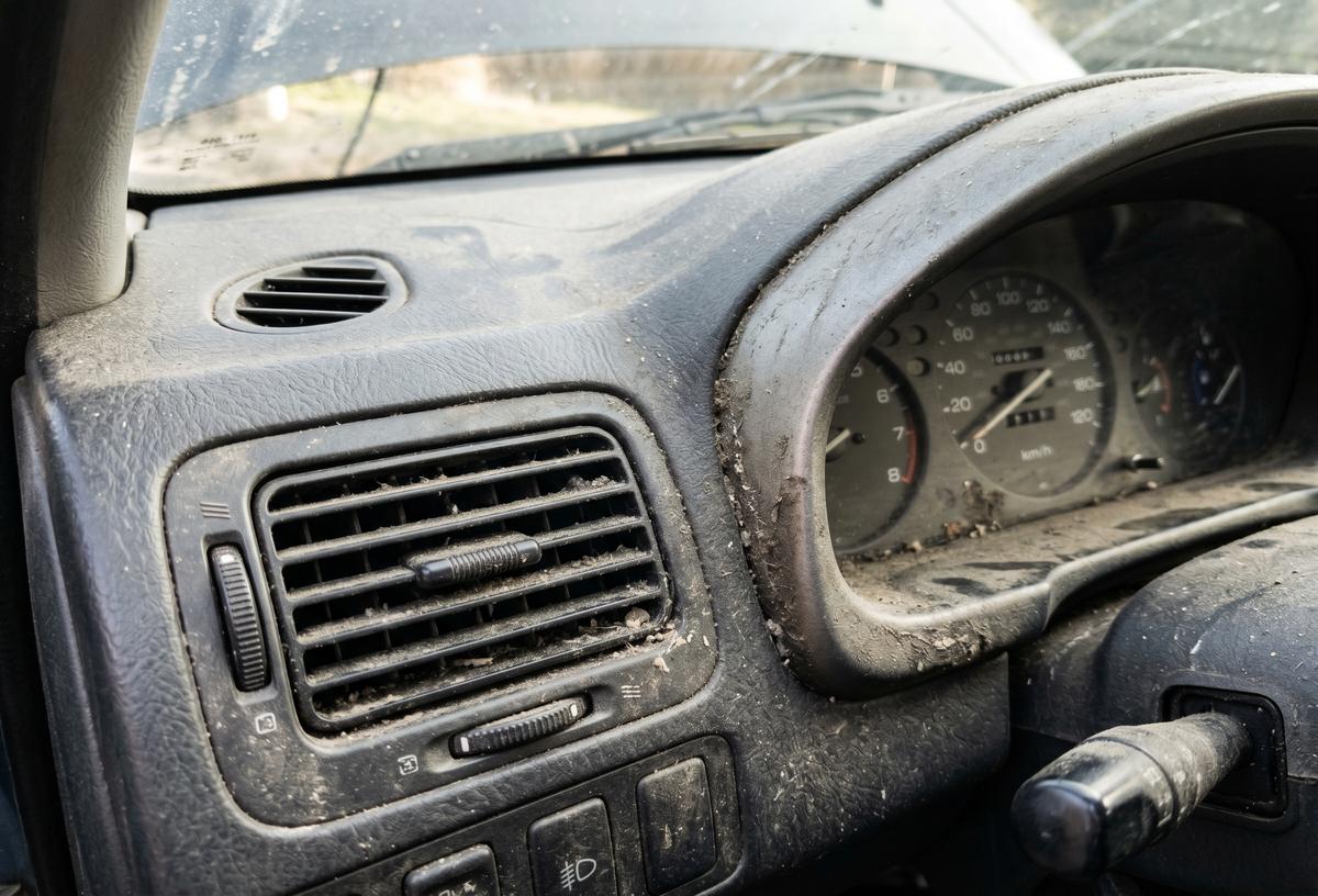 Dusty car dashboard and clogged air vents